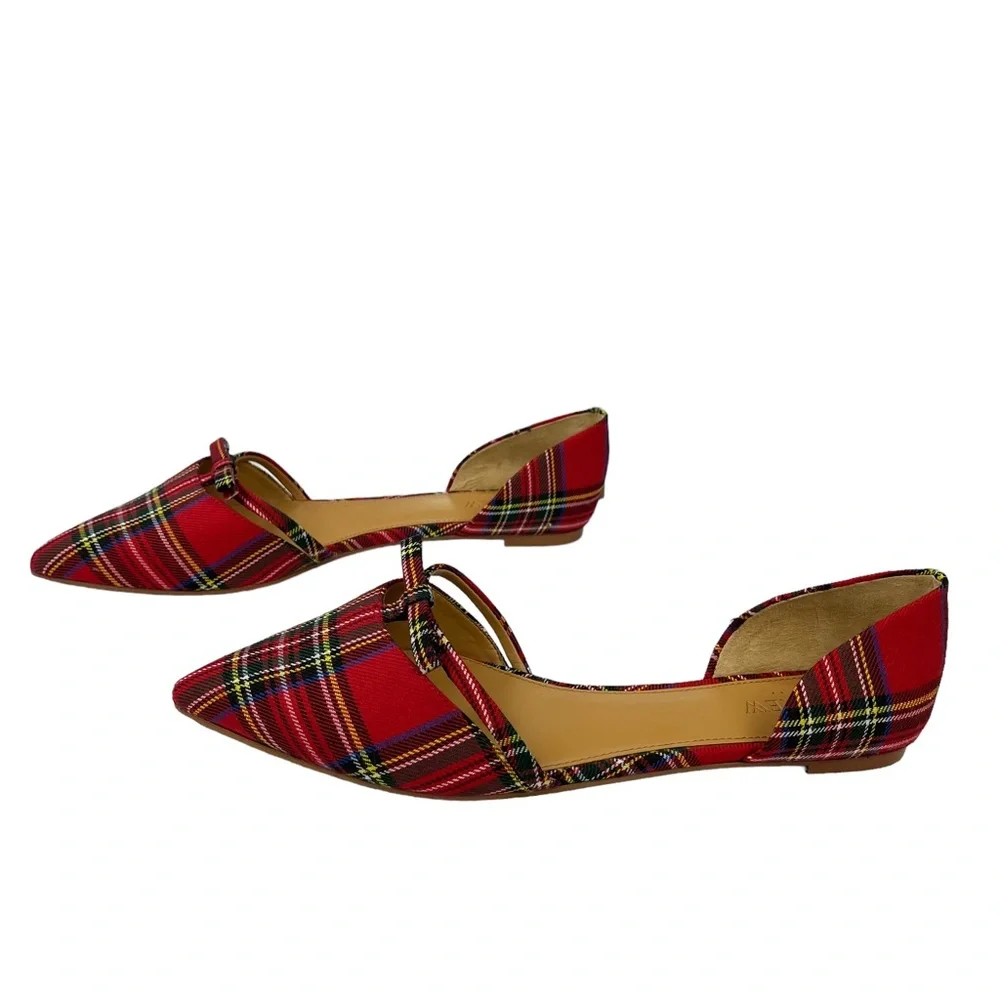 Plaid Pointed Toe D'Orsay Flats - Red Tartan